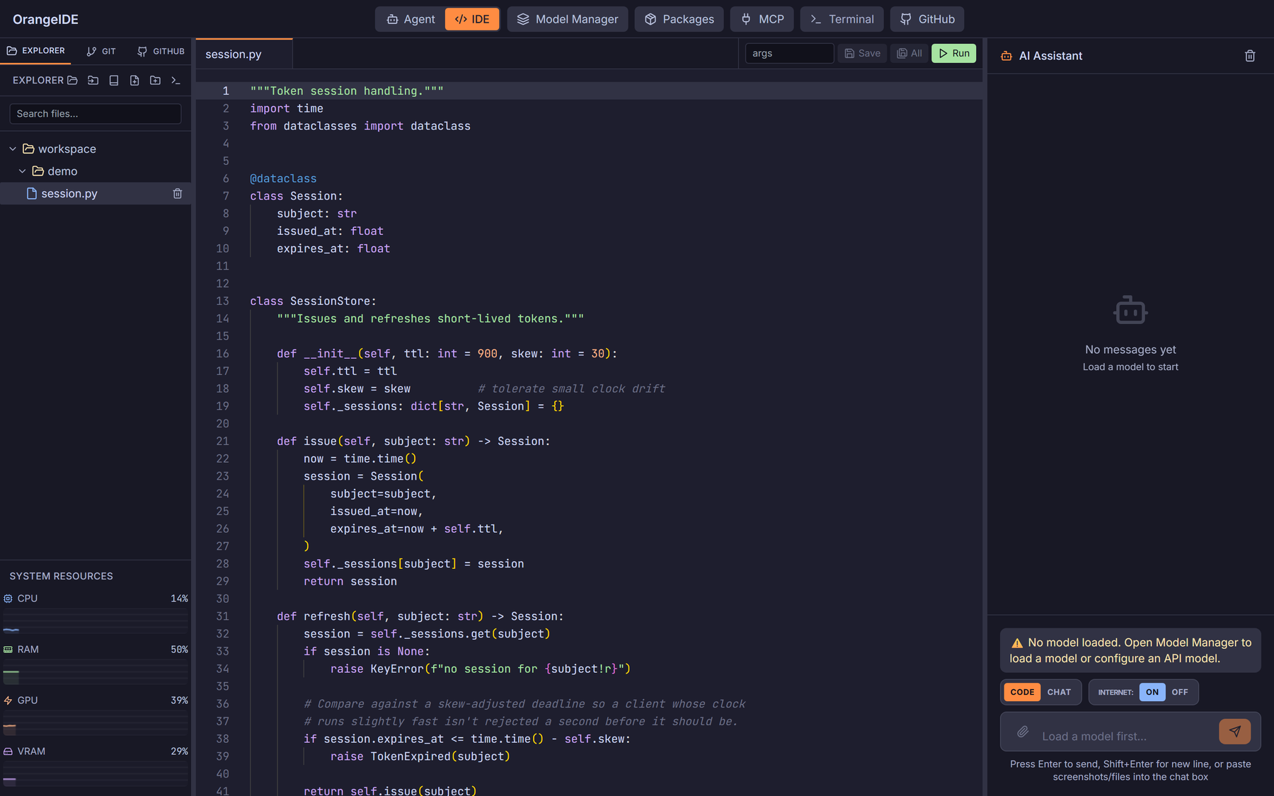 OrangeIDE with a Python file open: file explorer on the left, syntax-highlighted editor in the centre, AI assistant panel on the right, and live CPU, RAM, GPU and VRAM meters.